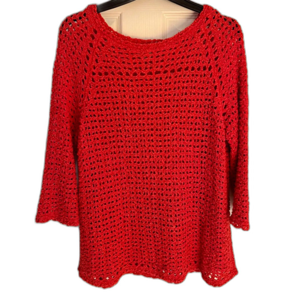 CHICOS Women's Size 1 Med Red Coral 3/4 SLV Crochet Knit Cotton Pullover Sweater - Picture 2 of 4